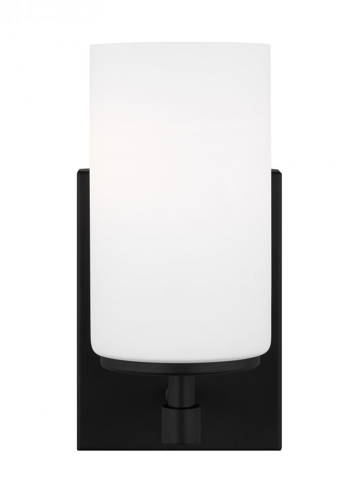 Alturas indoor dimmable LED 1-light wall bath sconce in a midnight black finish and etched white gla