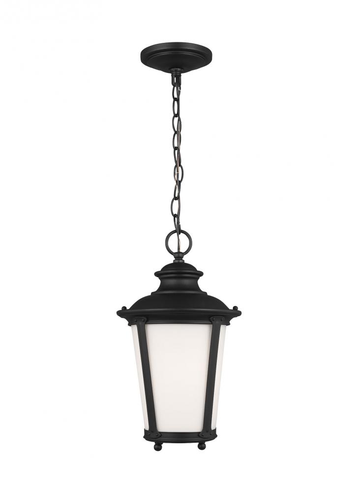 Cape May traditional 1-light outdoor exterior hanging ceiling pendant in black finish with etched wh