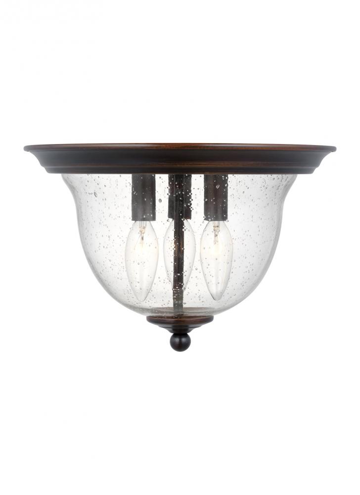 Belton transitional 3-light indoor dimmable ceiling flush mount in bronze finish with clear seeded g