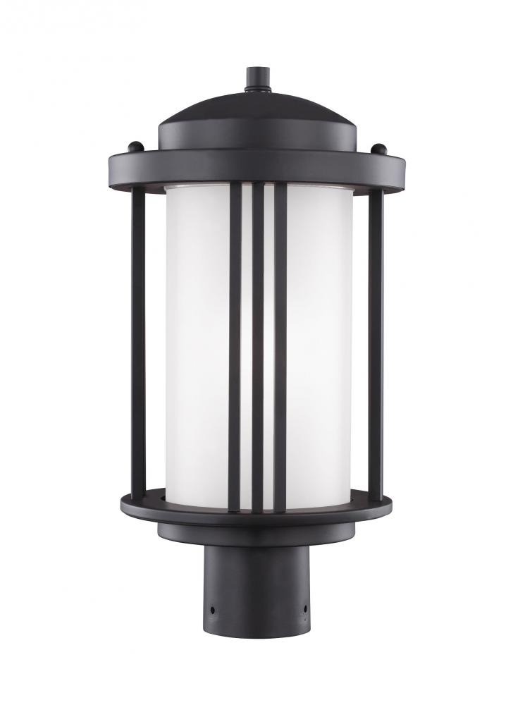 Crowell contemporary 1-light outdoor exterior post lantern in black finish with satin etched glass s