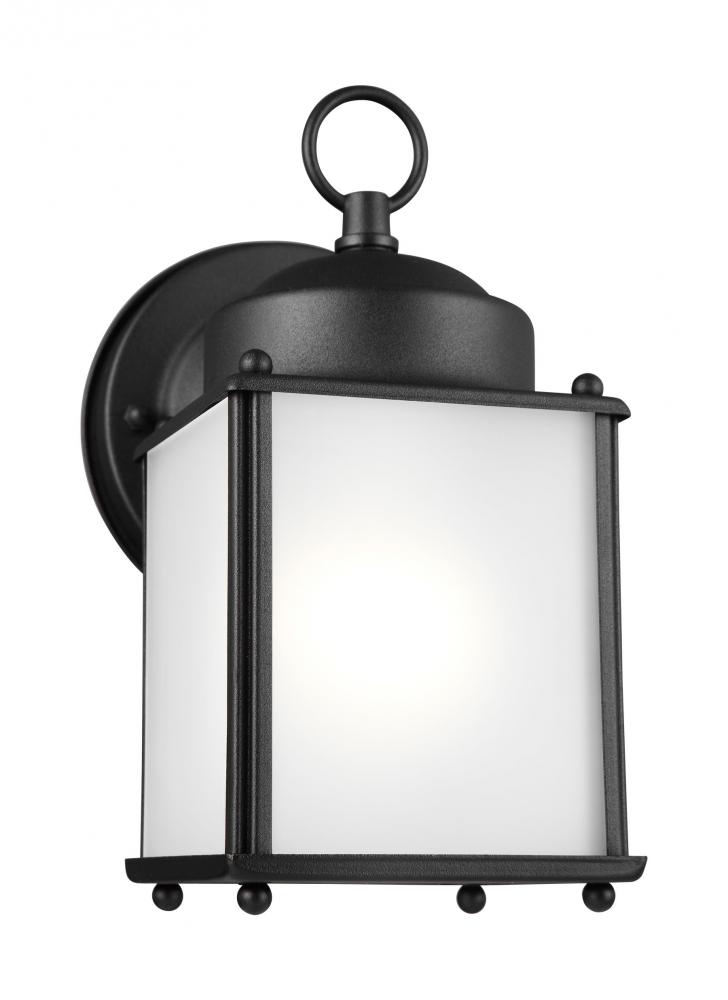 New Castle traditional 1-light LED outdoor exterior wall lantern sconce in black finish with satin e