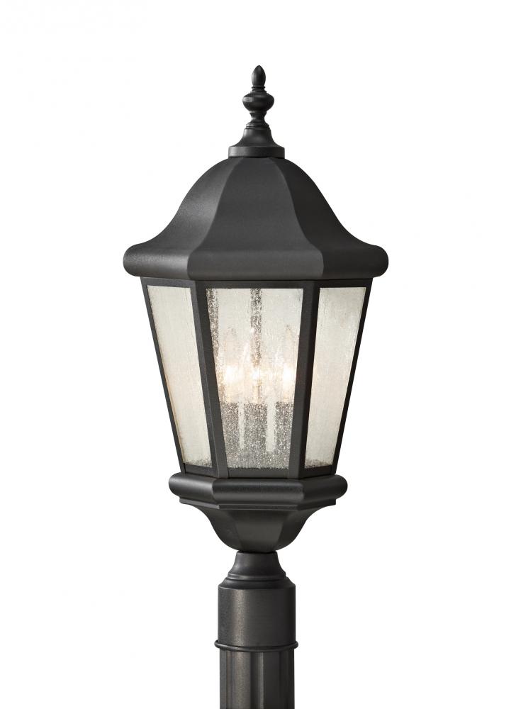 Martinsville traditional 3-light outdoor exterior post lantern in black finish with clear seeded gla