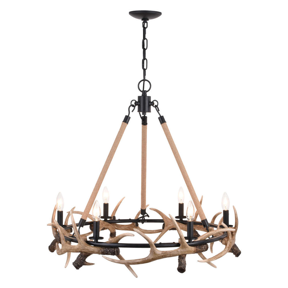 Breckenridge 30.5-in. 6 Light Antler Chandelier Aged Iron with Natural Rope