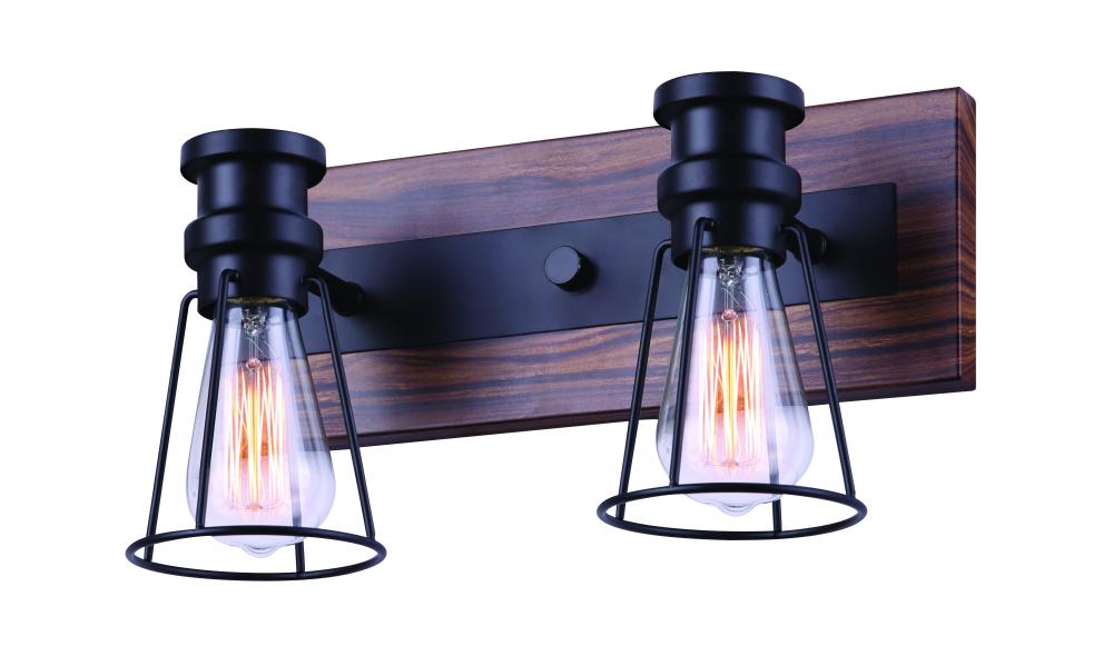 BLAKE, IVL752A02BKW, -G- MBK + Faux Wood, 2 Lt Vanity, 100W Type A, 14inch W x 8inch H x 6.75inch D