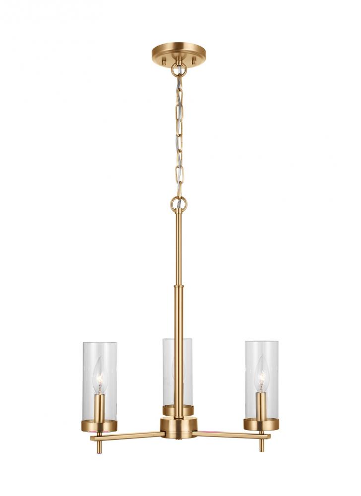 Zire dimmable indoor 3-light chandelier in a satin brass finish with clear glass shades