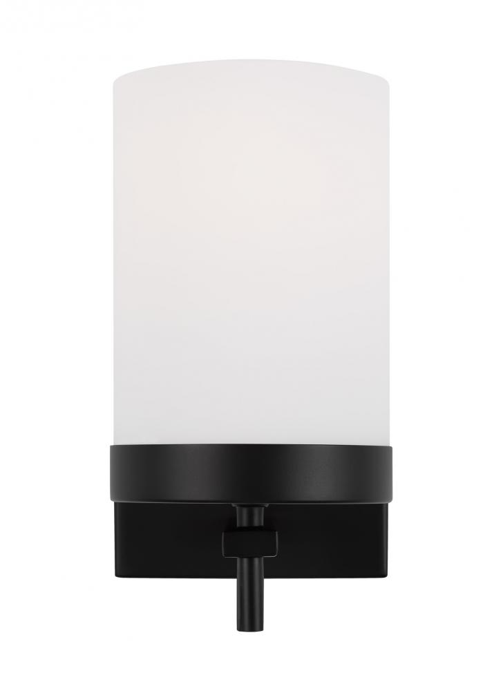 Zire dimmable indoor 1-light LED wall light or bath sconce in a midnight black finish with etched wh