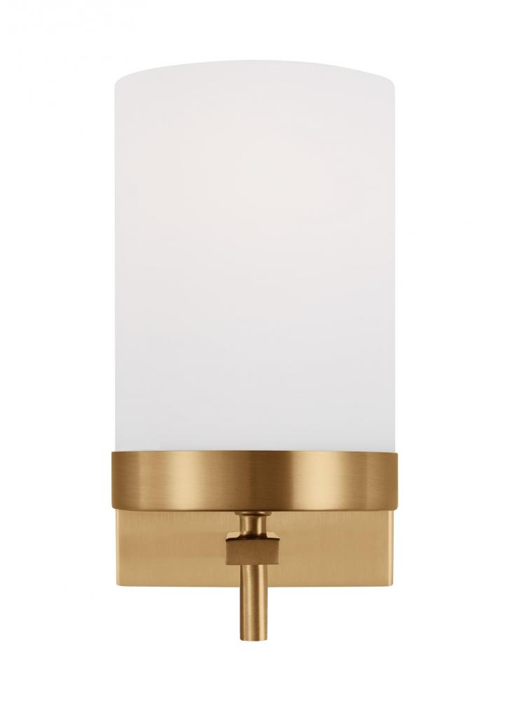 Zire dimmable indoor 1-light LED wall light or bath sconce in a satin brass finish with etched white