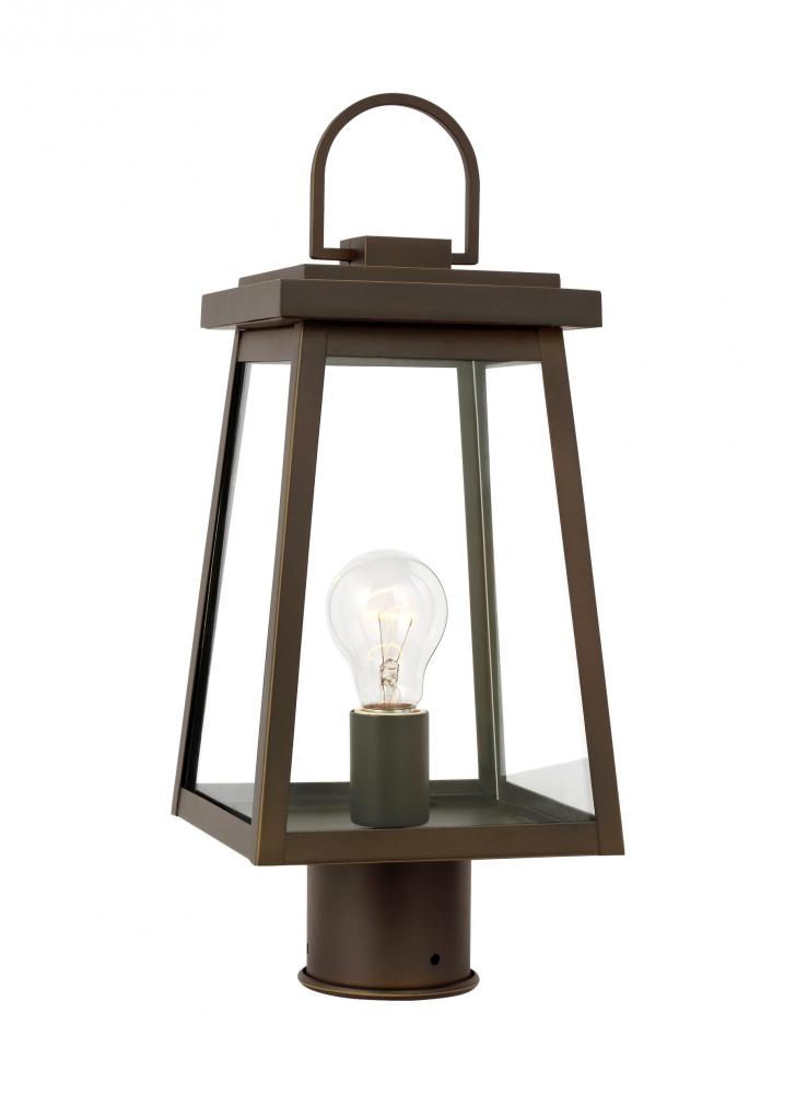 Founders modern 1-light outdoor exterior post lantern in antique bronze finish with clear glass pane